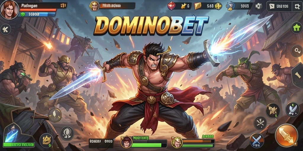 Screenshot DOMINOBET menampilkan pertarungan seru antara karakter di arena.