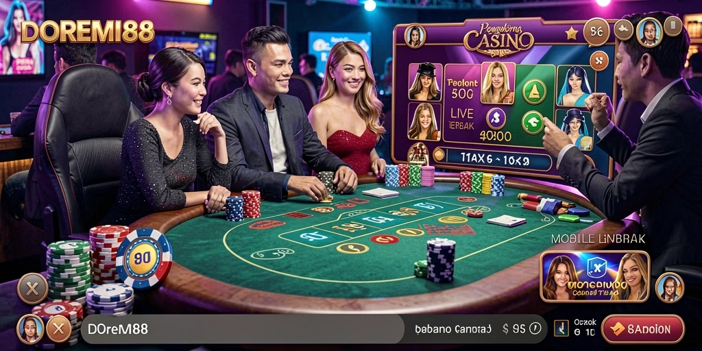 Tampilan screenshot DOREMI88 yang menampilkan dealer dan permainan Live Casino.