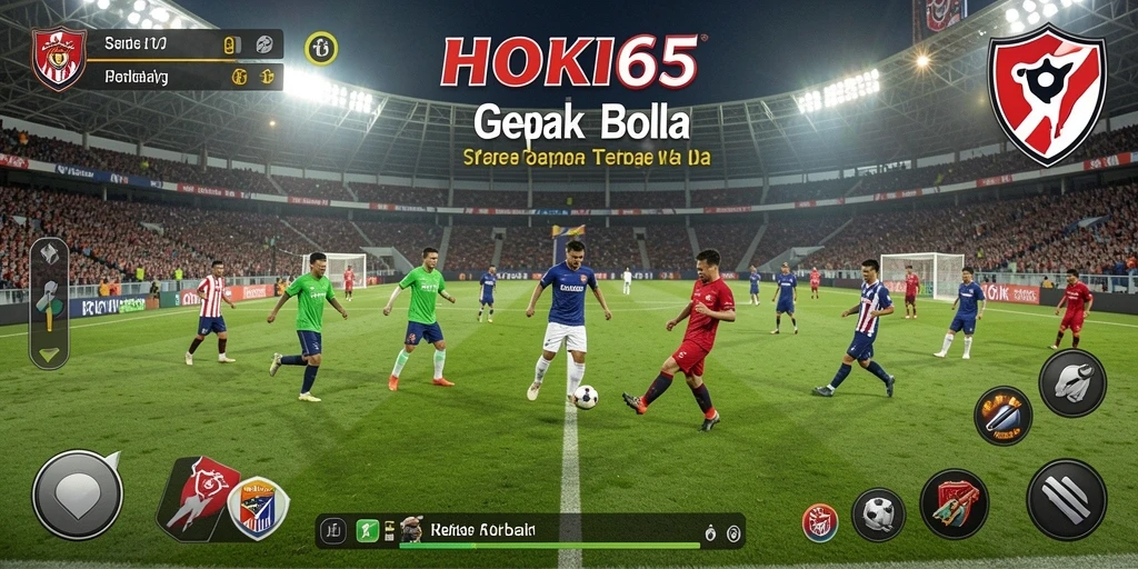 Screenshot gameplay HOKI65 menunjukkan aksi seru di lapangan sepak bola.