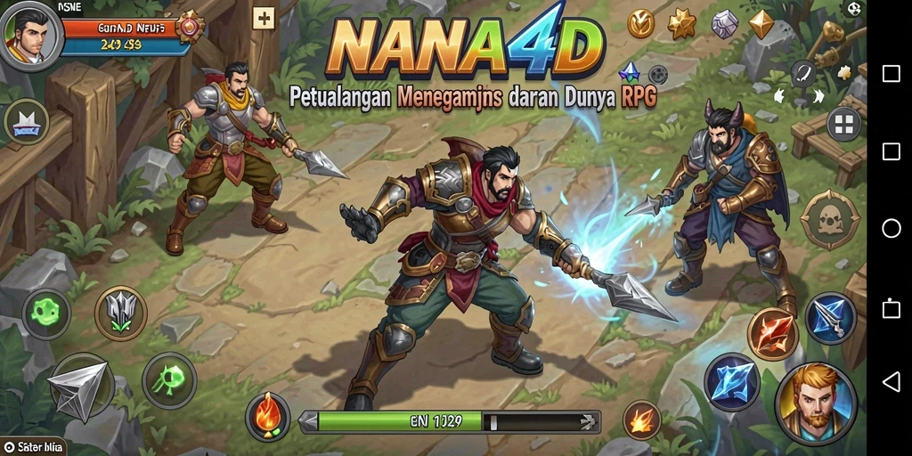 Screenshot gameplay NANA4D menampilkan pertarungan epik dalam dunia RPG.