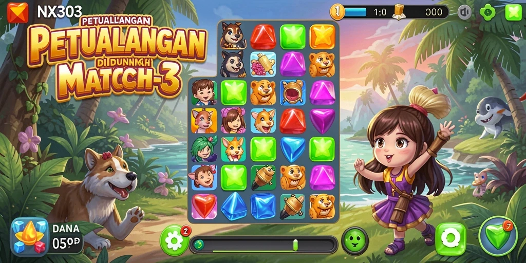 Tangkapan layar gameplay NX303 menunjukkan aksi seru match-3 dengan kombinasi warna-warni.