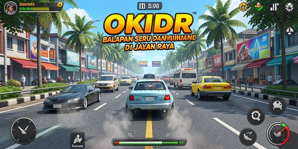 Tampilan gameplay seru OKIDR dengan mobil balap di lintasan.