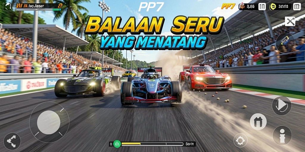 Tampilan gameplay PP7 dengan mobil balap yang melaju kencang di trek menantang.
