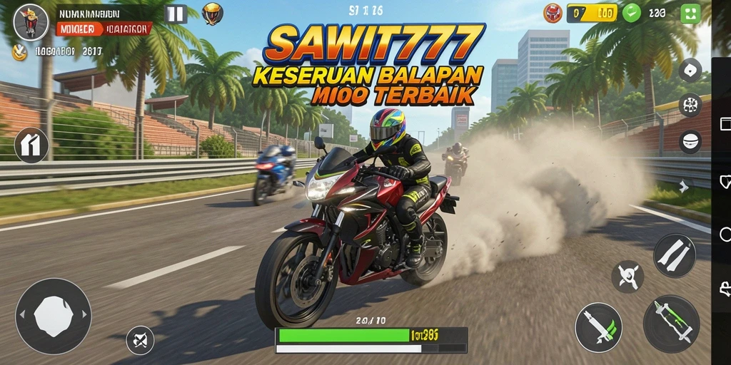 Tampilan gameplay seru dalam SAWIT777 dengan motor balapan yang cepat.